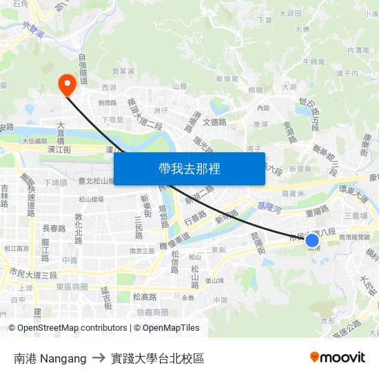 南港 Nangang to 實踐大學台北校區 map