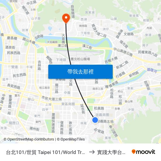 台北101/世貿 Taipei 101/World Trade Center to 實踐大學台北校區 map