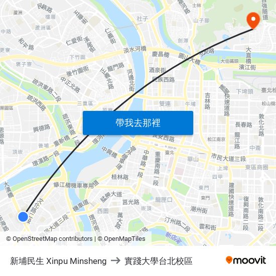 新埔民生 Xinpu Minsheng to 實踐大學台北校區 map