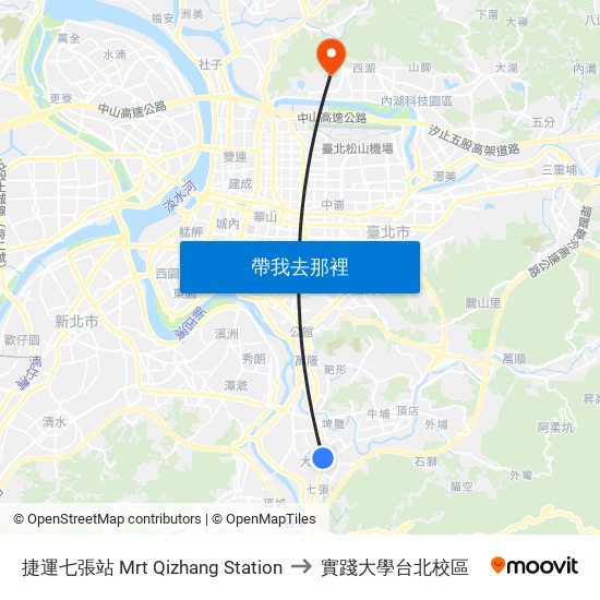 捷運七張站 Mrt Qizhang Station to 實踐大學台北校區 map
