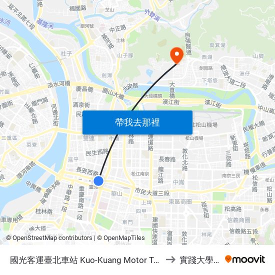 國光客運臺北車站 Kuo-Kuang Motor Transportation Taipei Station to 實踐大學台北校區 map