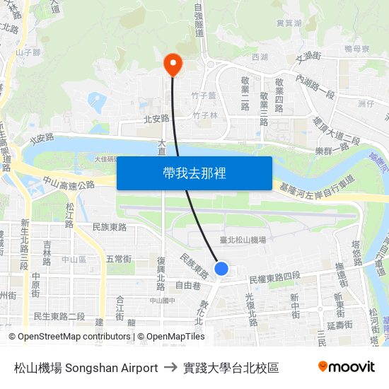 松山機場 Songshan Airport to 實踐大學台北校區 map