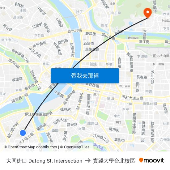 大同街口 Datong St. Intersection to 實踐大學台北校區 map