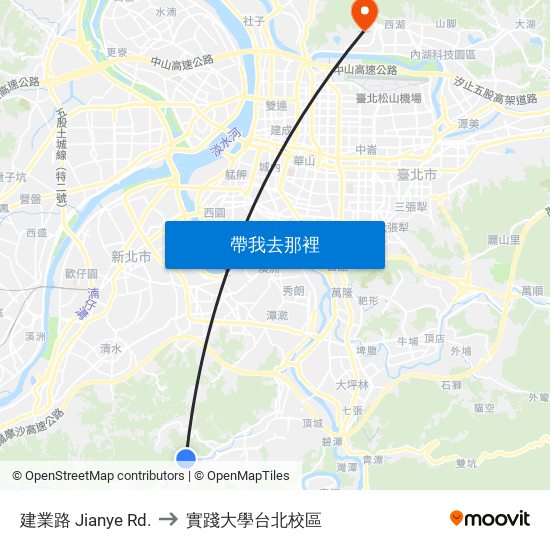 建業路 Jianye Rd. to 實踐大學台北校區 map