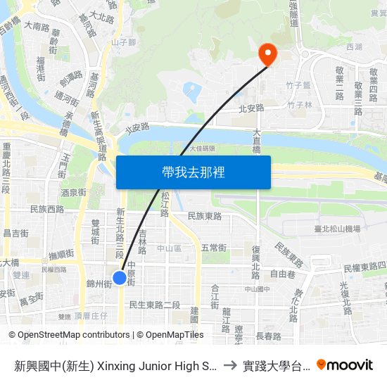 新興國中(新生) Xinxing Junior High School (Xinsheng) to 實踐大學台北校區 map