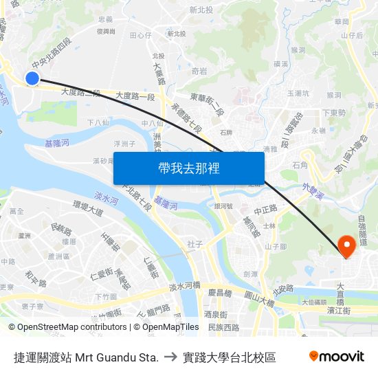 捷運關渡站 Mrt Guandu Sta. to 實踐大學台北校區 map
