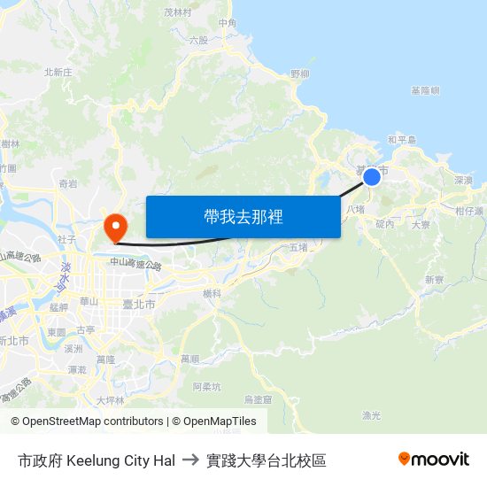 市政府 Keelung City Hal to 實踐大學台北校區 map