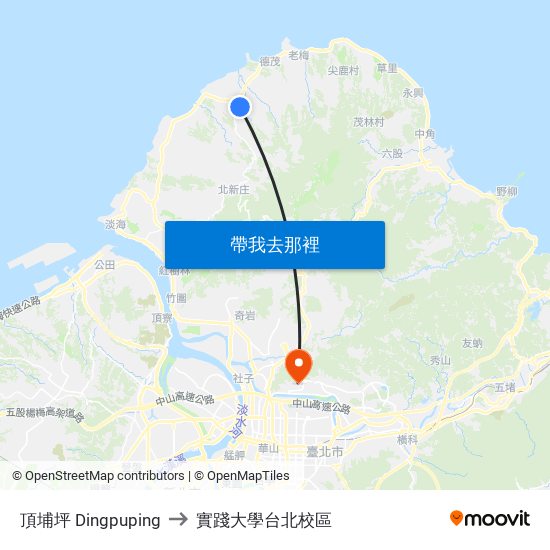 頂埔坪 Dingpuping to 實踐大學台北校區 map