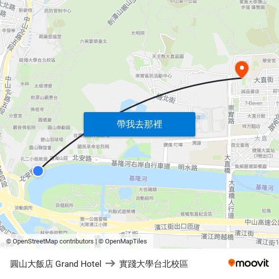 圓山大飯店 Grand Hotel to 實踐大學台北校區 map