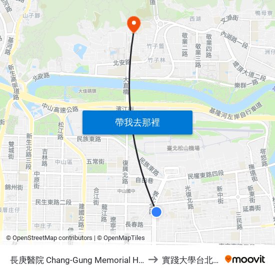 長庚醫院 Chang-Gung Memorial Hospital to 實踐大學台北校區 map