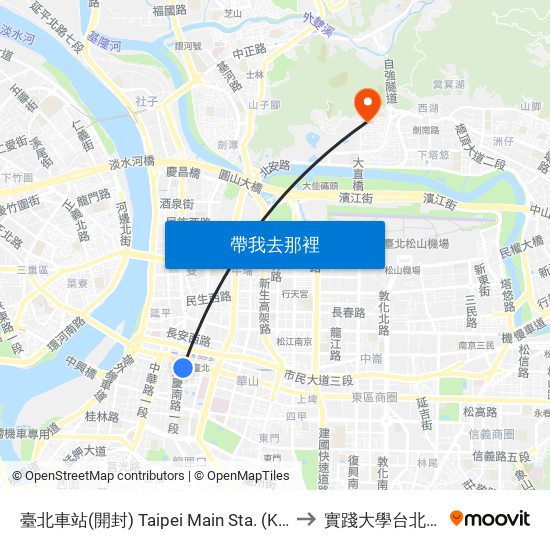 臺北車站(開封) Taipei Main Sta. (Kaifeng) to 實踐大學台北校區 map