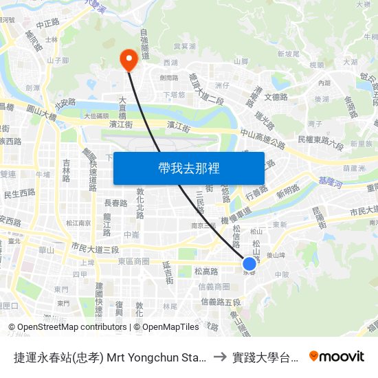 捷運永春站(忠孝) Mrt Yongchun Sta. (Zhongxiao) to 實踐大學台北校區 map