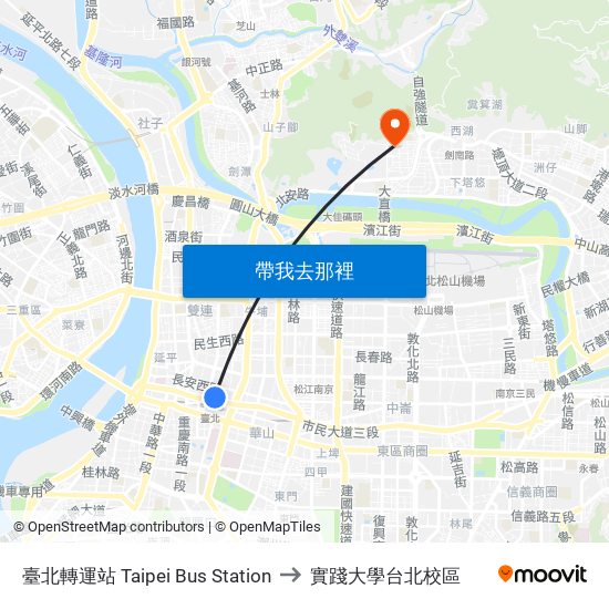 臺北轉運站 Taipei Bus Station to 實踐大學台北校區 map