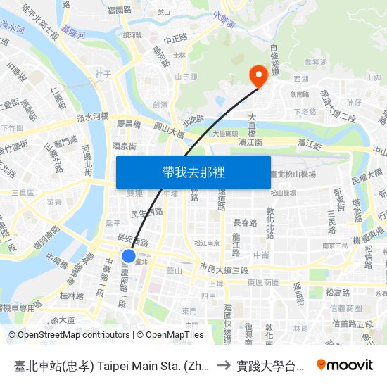 臺北車站(忠孝) Taipei Main Sta. (Zhongxiao Rd.) to 實踐大學台北校區 map