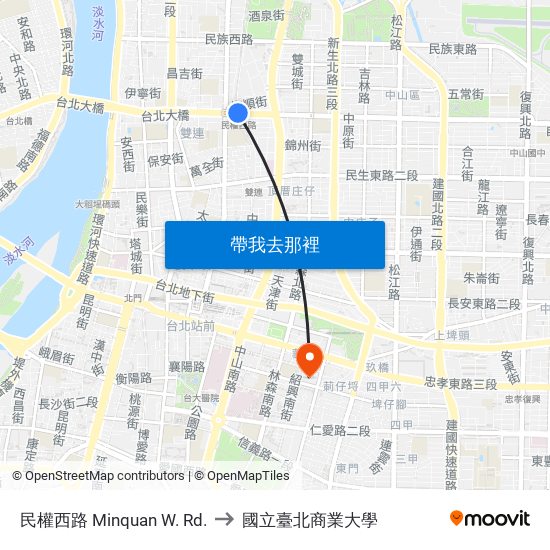 民權西路 Minquan W. Rd. to 國立臺北商業大學 map