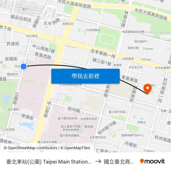 臺北車站(公園) Taipei Main Station(Gongyuan) to 國立臺北商業大學 map