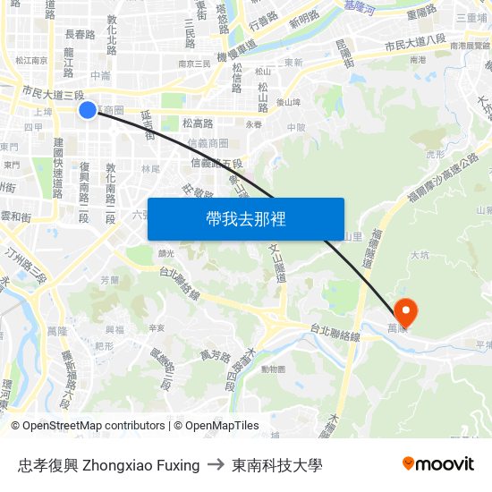 忠孝復興 Zhongxiao Fuxing to 東南科技大學 map