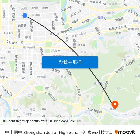中山國中 Zhongshan Junior High School to 東南科技大學 map