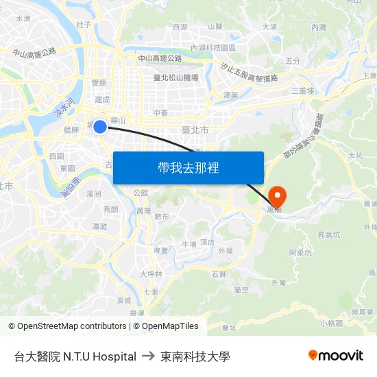 台大醫院 N.T.U Hospital to 東南科技大學 map