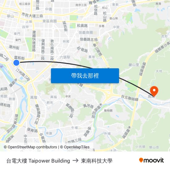 台電大樓 Taipower Building to 東南科技大學 map