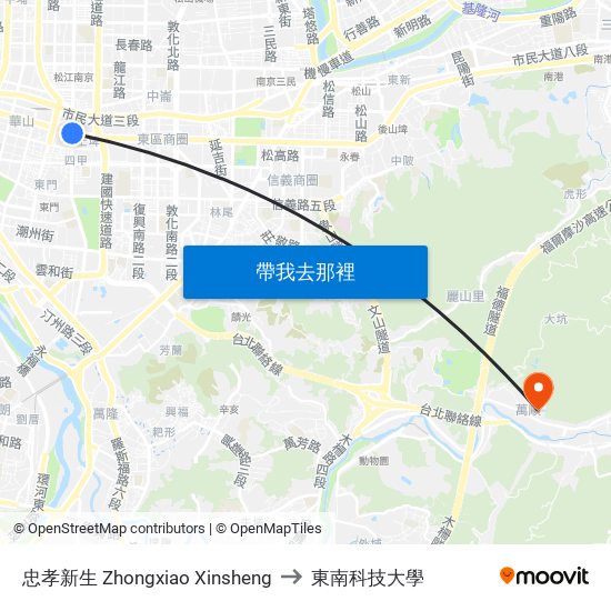 忠孝新生 Zhongxiao Xinsheng to 東南科技大學 map