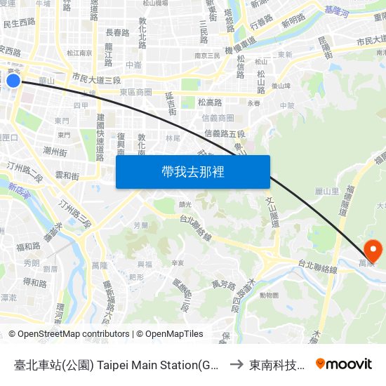臺北車站(公園) Taipei Main Station(Gongyuan) to 東南科技大學 map