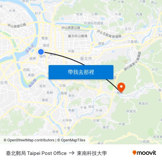 臺北郵局 Taipei Post Office to 東南科技大學 map