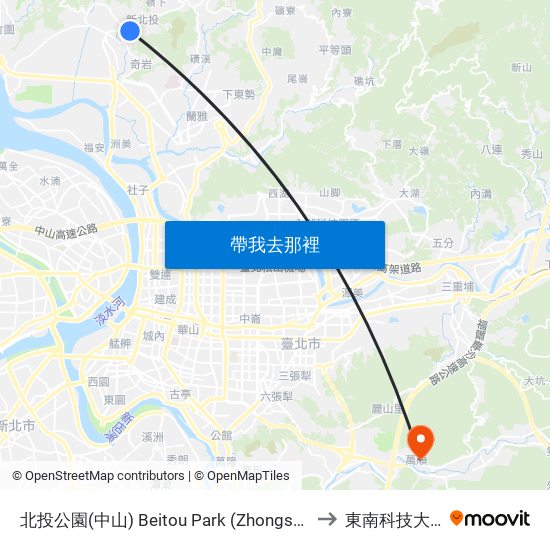 北投公園(中山) Beitou Park (Zhongshan) to 東南科技大學 map