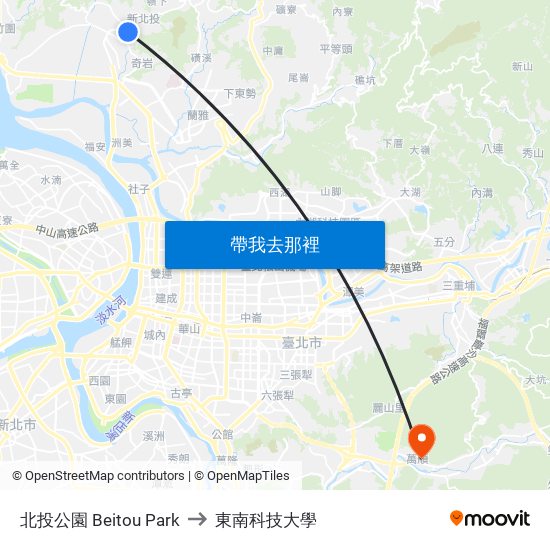 北投公園 Beitou Park to 東南科技大學 map