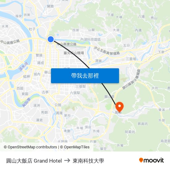 圓山大飯店 Grand Hotel to 東南科技大學 map