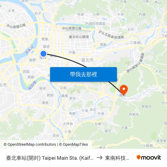 臺北車站(開封) Taipei Main Sta. (Kaifeng) to 東南科技大學 map
