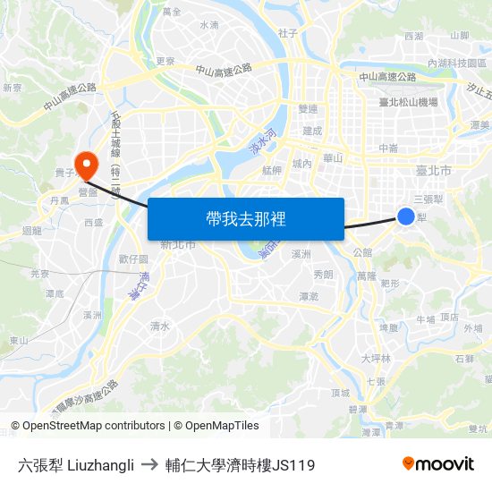 六張犁 Liuzhangli to 輔仁大學濟時樓JS119 map