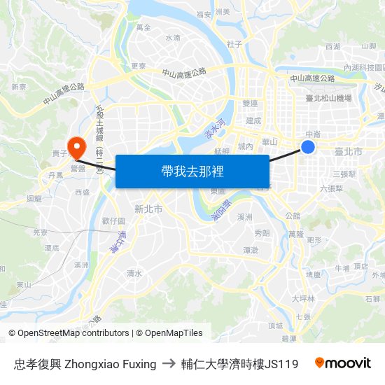忠孝復興 Zhongxiao Fuxing to 輔仁大學濟時樓JS119 map