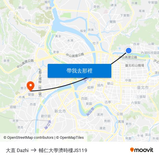 大直 Dazhi to 輔仁大學濟時樓JS119 map