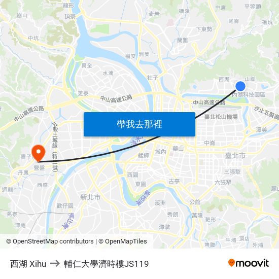 西湖 Xihu to 輔仁大學濟時樓JS119 map