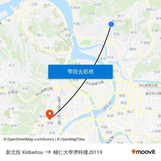 新北投 Xinbeitou to 輔仁大學濟時樓JS119 map