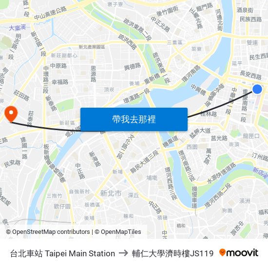 台北車站 Taipei Main Station to 輔仁大學濟時樓JS119 map