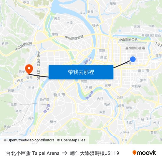 台北小巨蛋 Taipei Arena to 輔仁大學濟時樓JS119 map