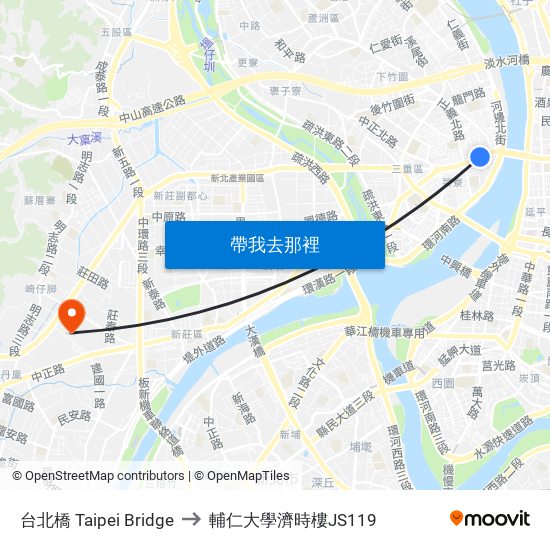 台北橋 Taipei Bridge to 輔仁大學濟時樓JS119 map
