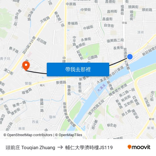頭前庄 Touqian Zhuang to 輔仁大學濟時樓JS119 map