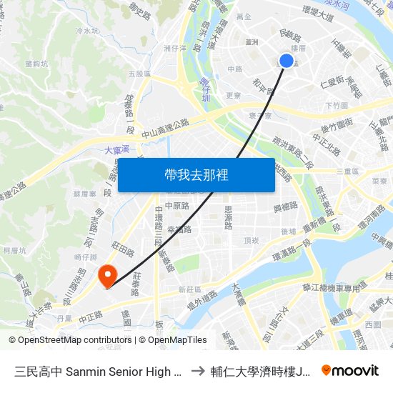 三民高中 Sanmin Senior High School to 輔仁大學濟時樓JS119 map