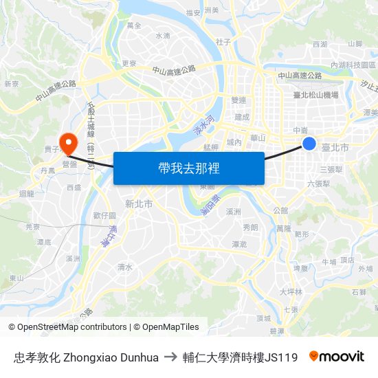 忠孝敦化 Zhongxiao Dunhua to 輔仁大學濟時樓JS119 map