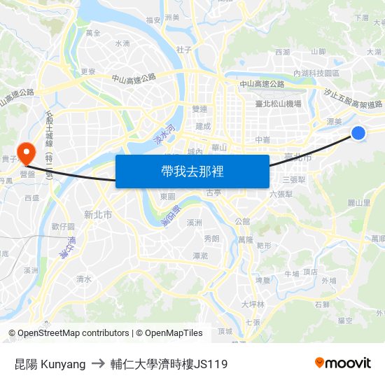 昆陽 Kunyang to 輔仁大學濟時樓JS119 map