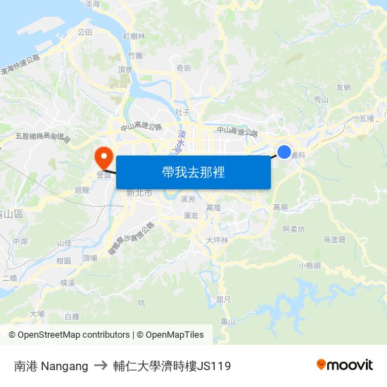 南港 Nangang to 輔仁大學濟時樓JS119 map