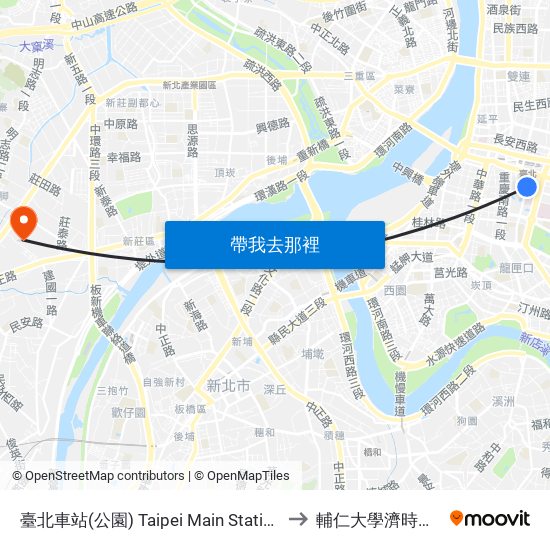 臺北車站(公園) Taipei Main Station(Gongyuan) to 輔仁大學濟時樓JS119 map