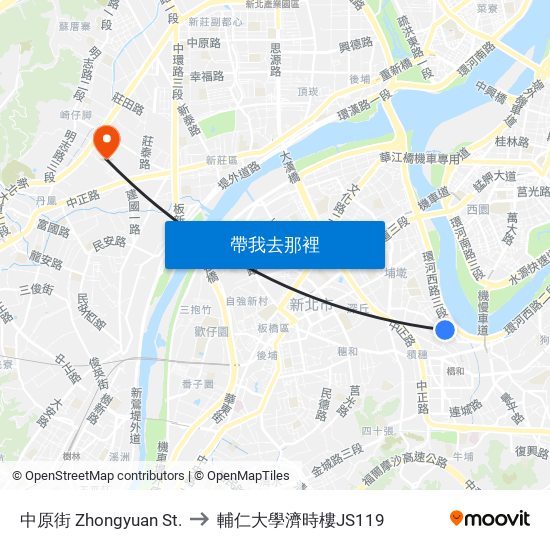 中原街 Zhongyuan St. to 輔仁大學濟時樓JS119 map