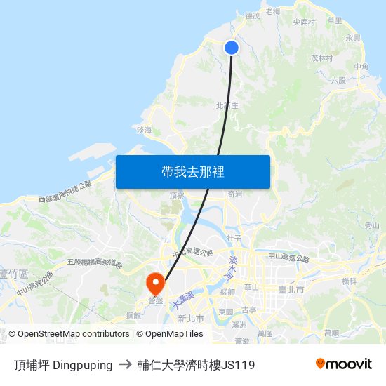 頂埔坪 Dingpuping to 輔仁大學濟時樓JS119 map