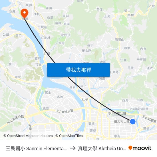 三民國小 Sanmin Elementary School to 真理大學 Aletheia University map