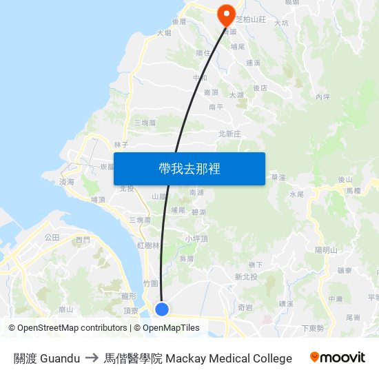 關渡 Guandu to 馬偕醫學院 Mackay Medical College map