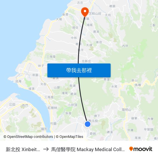 新北投 Xinbeitou to 馬偕醫學院 Mackay Medical College map